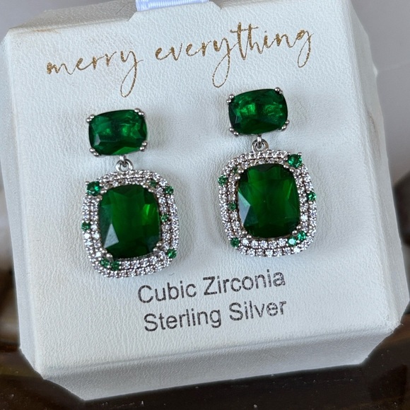 Rachel Zoe Sterling Silver CZ Emerald Green Baguette Drop Earrings Christmas - Picture 6 of 12